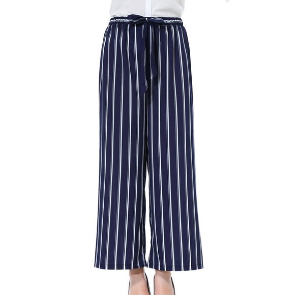 Striped Loose Wide Leg Trousers High Waist Tie Bow - Picture 1 of 8